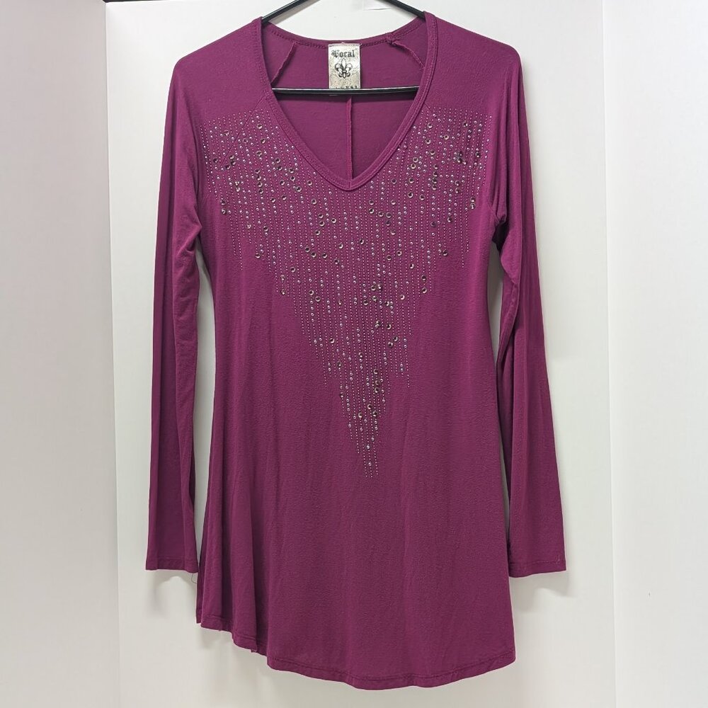 Vocal Embellished V-Neck Long Sleeve Tunic in Purple